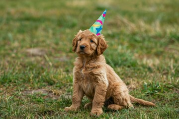 Small Brown Dog Wearing Birthday Hat. Generative AI