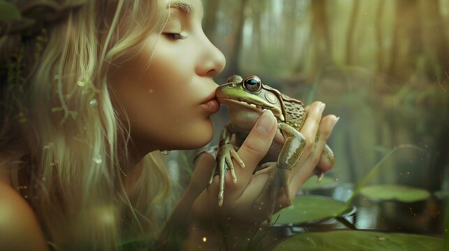Dreamy portrait of blond young woman kissing a frog, fairy tale, frog becomes prince