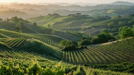 landscapes of the Piedmontese Langhe of Barolo and Monforte d'Alba with their vineyards in the...