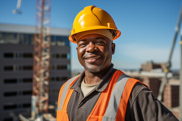 Fototapeta premium Cheerful African American Construction Worker with Hard Hat at Building Site