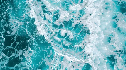 Fotobehang aerial view of turquoise ocean water with splashes and foam for abstract natural background and texture © PSCL RDL