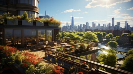 A rooftop garden in a busy metropolitan area