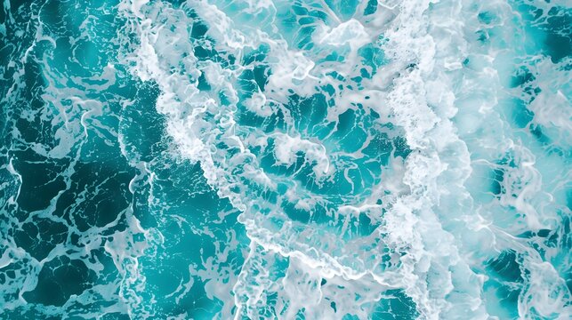 aerial view of turquoise ocean water with splashes and foam for abstract natural background and texture