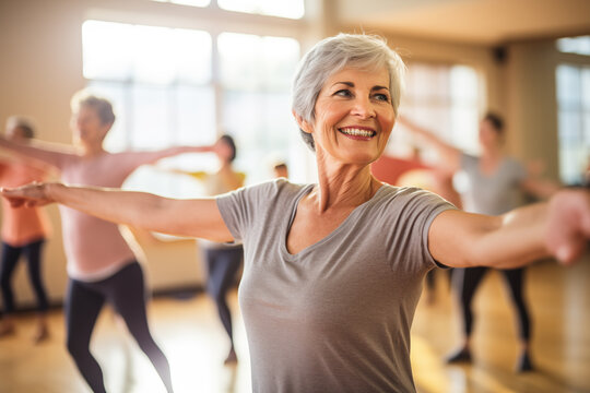 Pilates and wellness with senior women practicing mind-body-spirit exercises in a studio. Focus on health, retirement, and yoga for elderly friends seeking peace, balance, and fitness in a zen class.