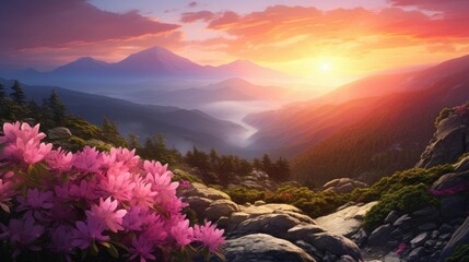 Mountain spring scenery with a rhododendron flower and the rising sun