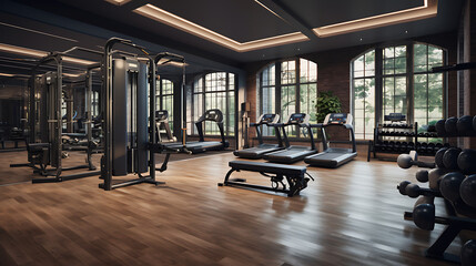 Fototapeta na wymiar A gym interior that blends modern and traditional elements, combining contemporary equipment with antique accents.