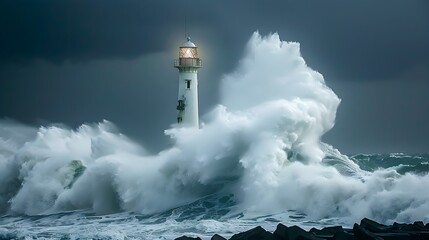 lighthouse getting hit by strong waves in a storm in the ocean