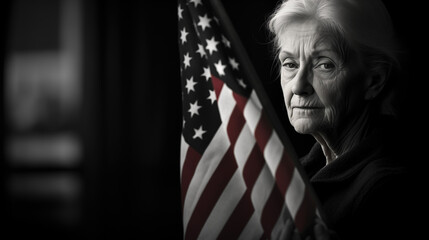 Independence Day Emotional and Respectful Moment of a Widow holding an American Flag. 
