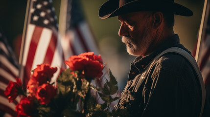 A father is paying tribute to his deceased son at military cemeteries during Memorial Day - obrazy, fototapety, plakaty
