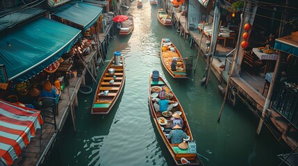 Picturesque Floating food market river. Canal river. - obrazy, fototapety, plakaty