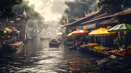 Picturesque Floating food market river. Canal river. - obrazy, fototapety, plakaty