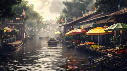 Zelfklevend Fotobehang Picturesque Floating food market river. Canal river. © PSCL RDL