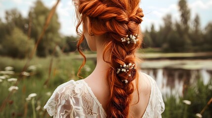 pretty beautiful braiding hairstyle, red hair bridal bohemian hairstyle in nature landscape - obrazy, fototapety, plakaty