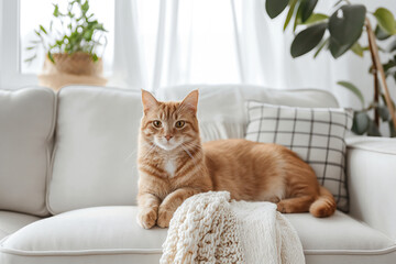 Ginger Cat Lounging on a White Sofa with a Cozy Blanket in a Bright Living Room. Home office 