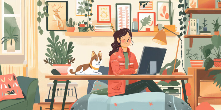 Woman Works from Home Surrounded by Plants and Adorable Dog Companion. Home office