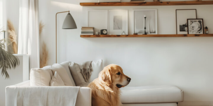 Tranquil Living Room with Comfortable White Sofa and Loyal Golden Retriever Dog. Home office