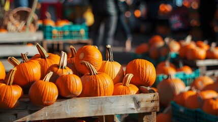 Pumpkins on stall in city market in autumn - obrazy, fototapety, plakaty