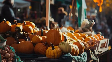 Pumpkins on stall in city market in autumn - obrazy, fototapety, plakaty
