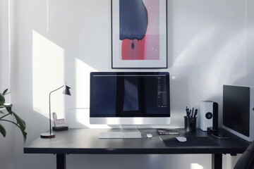 Modern Home Office Setup with Sleek Computer, Art Piece, Natural Light