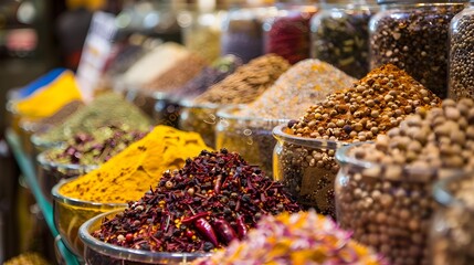 Spices and seasonings showcased at spice market in Istanbul, Turkey.