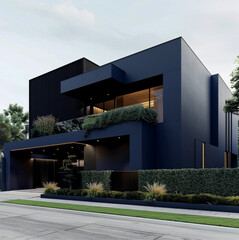 dark background , navy blue modern house with fence and small bush, white or black trim