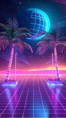 Foto op Plexiglas Synthwave style wallpaper background with blue neon, small palms and sunset, grid floor, high quality, 4k © PSCL RDL