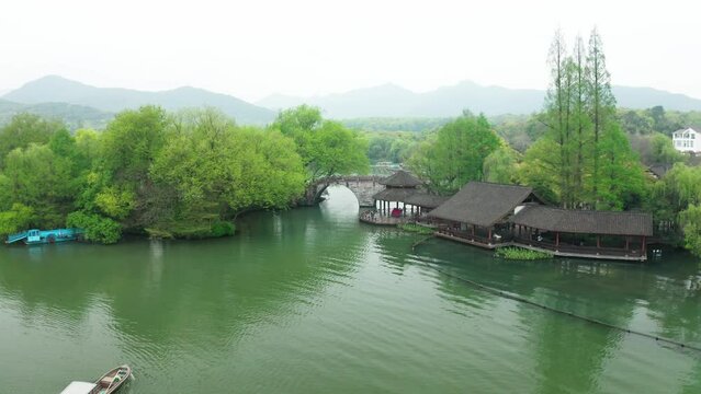 Aerial photography of the cultural and natural landscapes in West Lake, Hangzhou