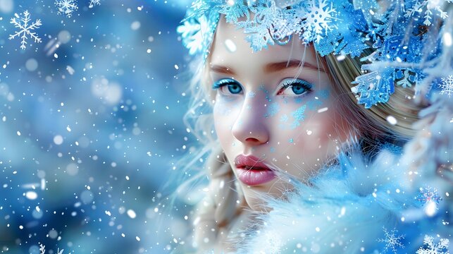 The snow-white skin of a beautiful blonde snow maiden girl, a woman princess in a New Year's outfit made of blue snowflakes