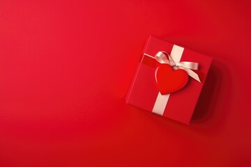 Red gift box tied with a white ribbon and a heart on top, set against a vibrant red background.
