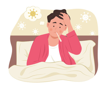 recommend clip art: Sick Man Taking Temperature by Thermometer while Lying in Bed for Fever Concept Illustration