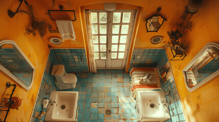Obraz na płótnie Canvas Vintage Bathroom Interior with Yellow Walls and Blue Tiled Floor