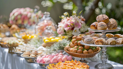Easter brunch buffet with selection of pastries, colored eggs and fresh spring flowers in garden setting - 749652744