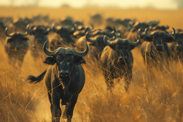 wildebeest in serengeti national park - obrazy, fototapety, plakaty