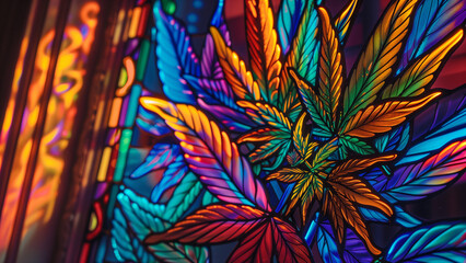 Luminous Leaves: A Realistic Neon-Colored Cannabis Stained Glass Window