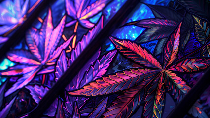 Luminous Leaves: A Realistic Neon-Colored Cannabis Stained Glass Window