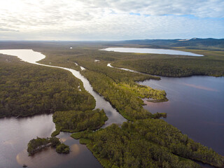 aerial panorama of unique ecosystem of noosa everglades - beautiful curvy noosa river and lush, green wetlands in south east queensland, australia, near sunshine coast and noosa heads