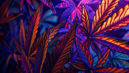 Fototapeta na wymiar Luminous Leaves: A Realistic Neon-Colored Cannabis Stained Glass Window
