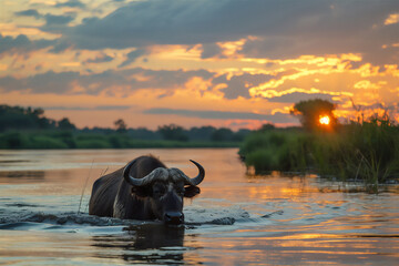 a buffalo drinking in the river, the spring evening sky