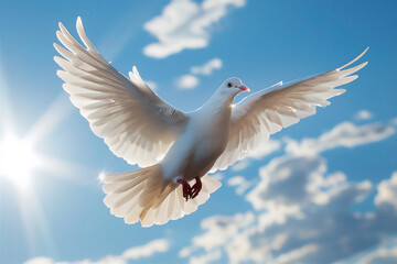 A white dove flies under a blue sky with flashes of sunlight