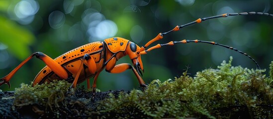 Close-up view of a vibrant orange bug, identified as a Long Horned Beetle, crawling on a mossy surface. The beetles distinct color contrasts beautifully with the green moss.