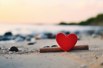 Fototapeta premium A vivid red heart resting on a wooden block at a serene beach during a tranquil sunset.