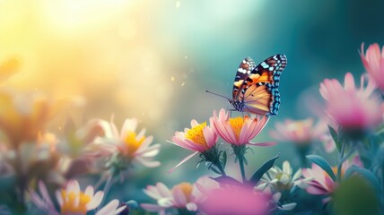 A butterfly alights on flowers with a soft-focus background - obrazy, fototapety, plakaty