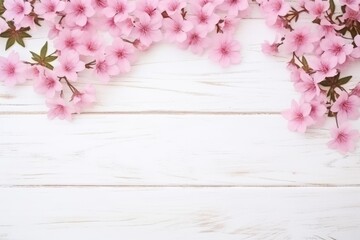 Fototapeta na wymiar Bright pink flowers aligned on white wooden planks for a fresh, springtime feel.