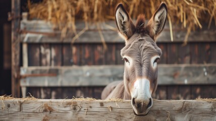 A curious donkey peers over a wooden fence, hay in the background