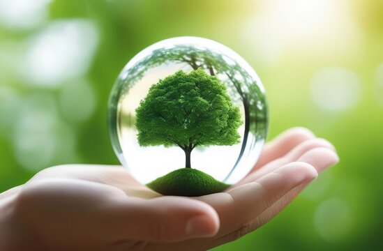 Human hands holding glass sphere with green tree inside. Earth Day. environment protection 