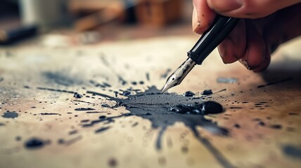An artist's hand spills ink from a fountain pen onto paper - obrazy, fototapety, plakaty