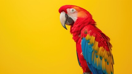 Obraz premium A majestic scarlet macaw parrot against a yellow backdrop
