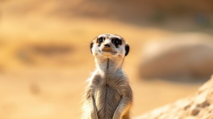 A solitary meerkat stands vigilant on the savannah, its gaze piercing through the golden light