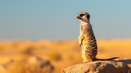 A vigilant meerkat standing upright on a rock against a desert backdrop - Powered by Adobe