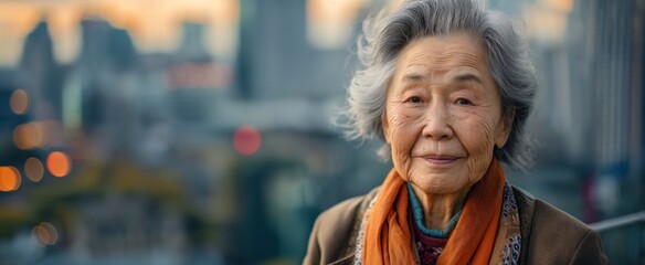 Senior Asian American woman with wisdom in her eyes, standing before a cityscape at dusk, exuding elegance and grace. - Powered by Adobe